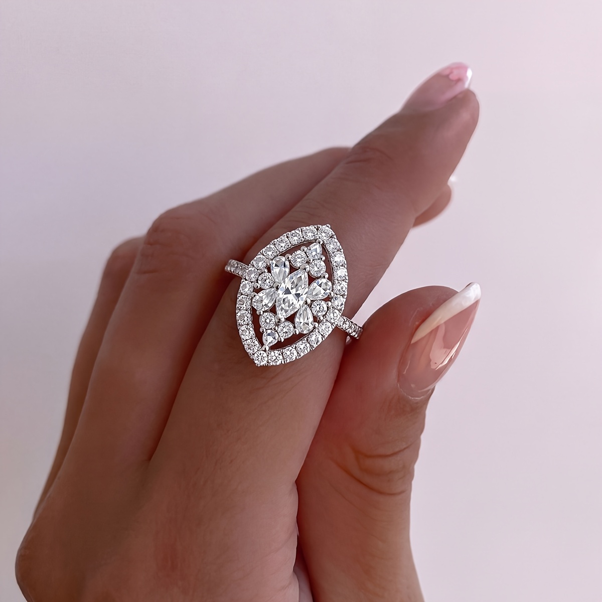 Women's Exquisite Marquise Geometric Floral Ring, Elegant Gift